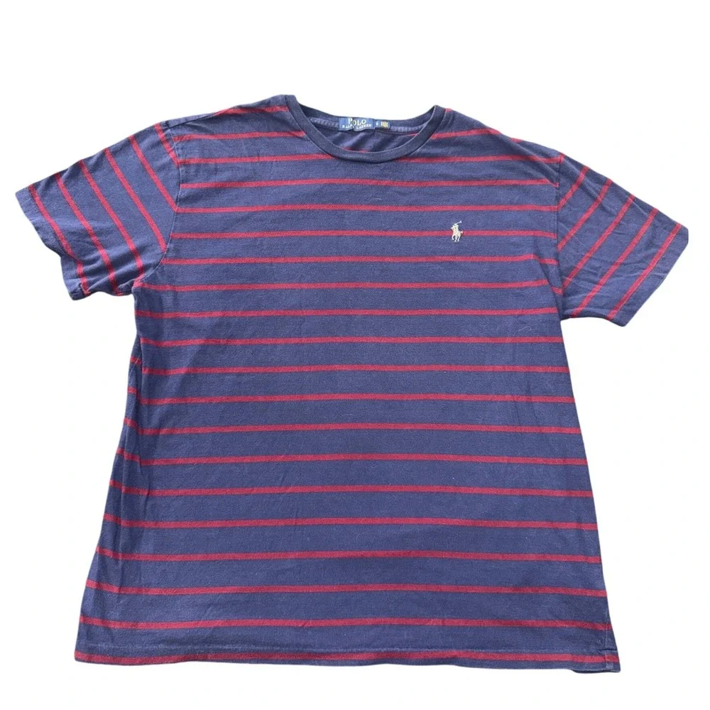 Polo Ralph Lauren Mens T-Shirt Large Blue Red Striped Short Sleeve Cotton
